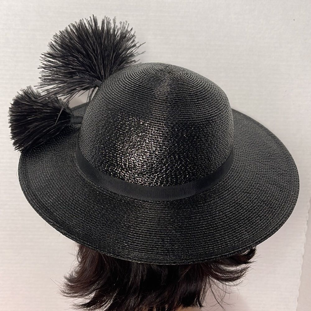 Vintage 60s Black Straw Hat with Feather Plume - Picture 9 of 15